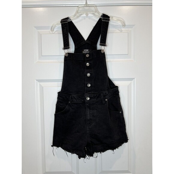Hot Topic Denim Jean Overall Shorts Shortalls Womens S Black Wash Raw Fringe Hem - Picture 1 of 7
